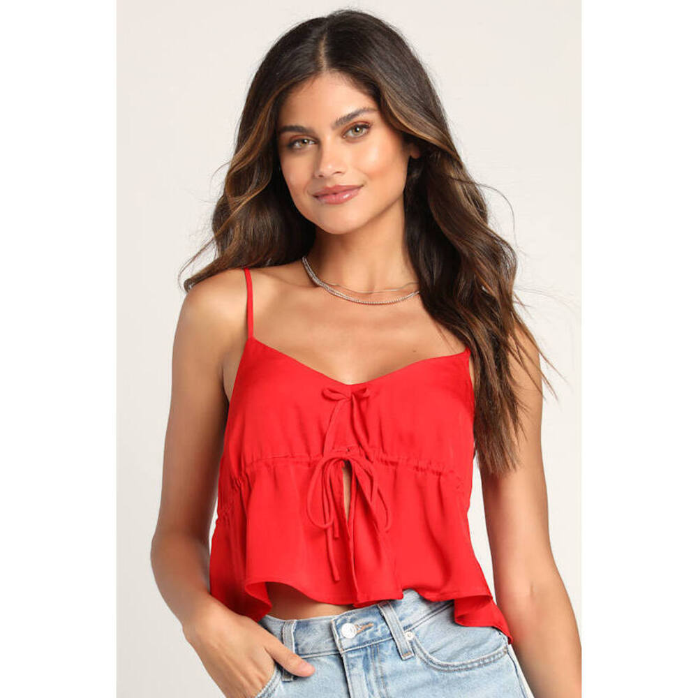 Lulus Time For Trends Red Satin Drawstring Cropped Cami Top - Size XL
